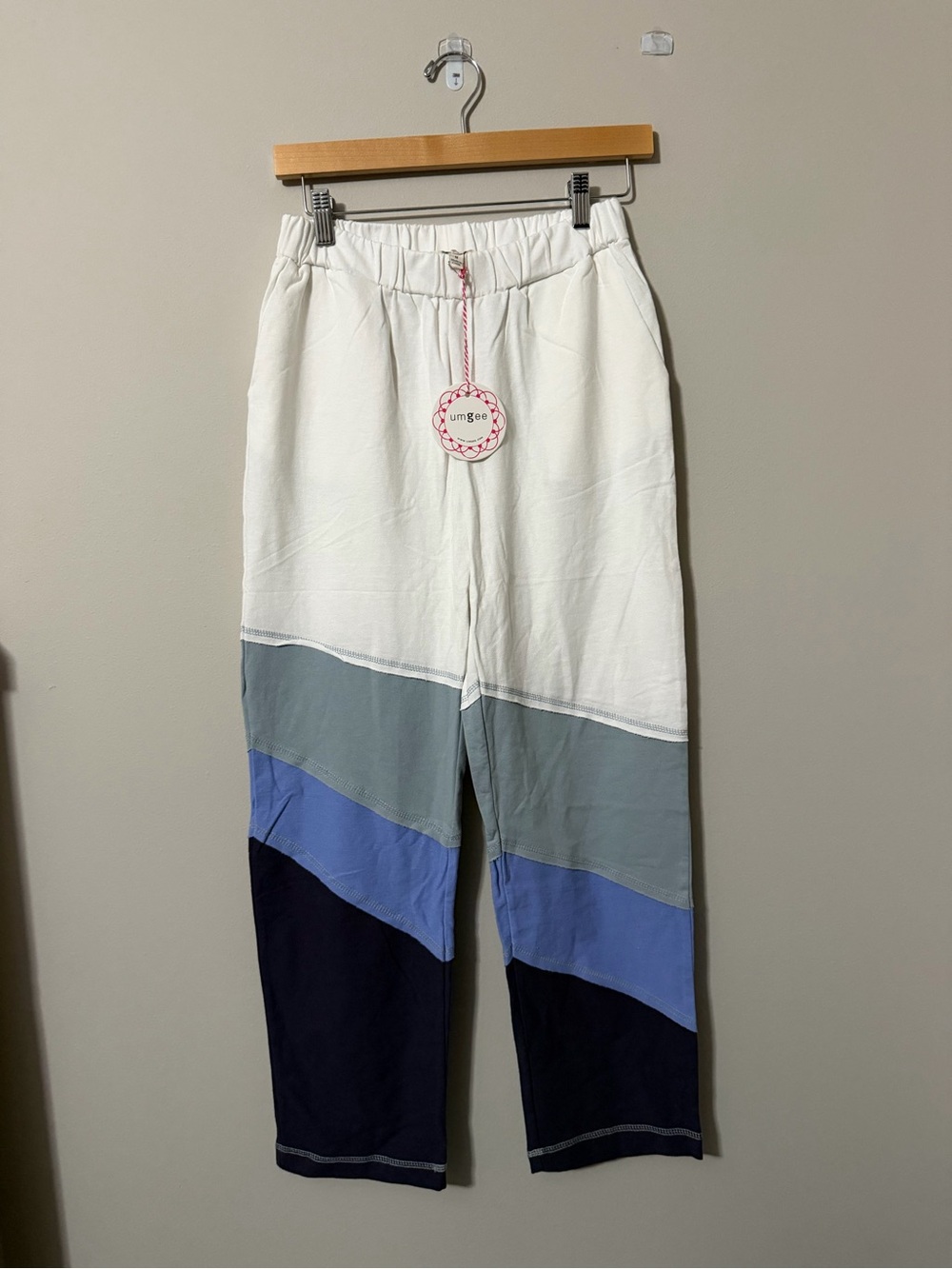 Umgee Color Block 100% Cotton Pants White Blue Size Medium NWT